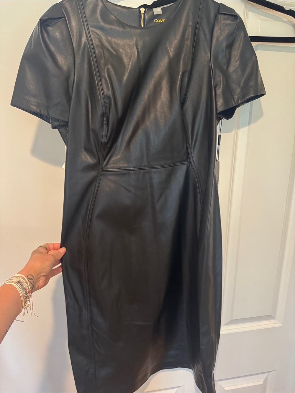 Calvin Klein Black Faux Leather Short Sleeve Mini Dress